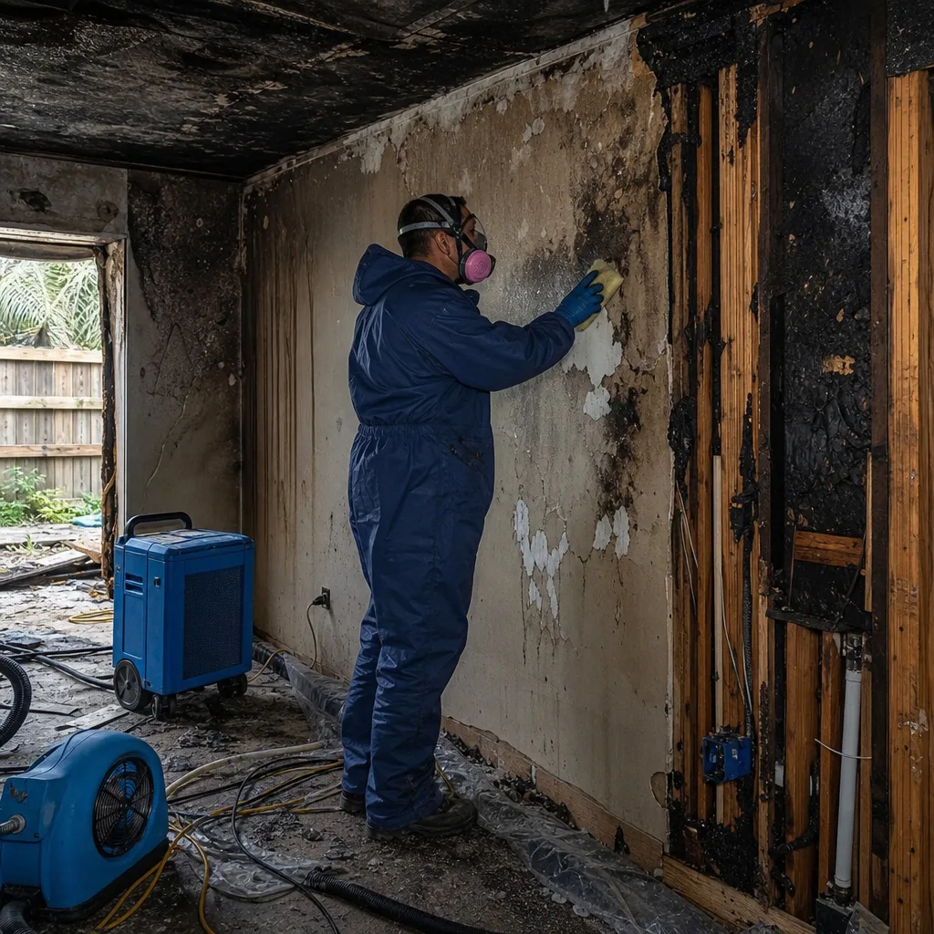 Technician in protective gear performing professional fire and smoke damage restoration