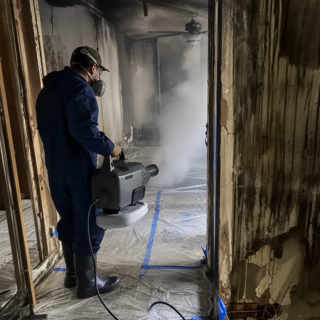 Technician using smoke odor neutralizer fogger in fire damaged home