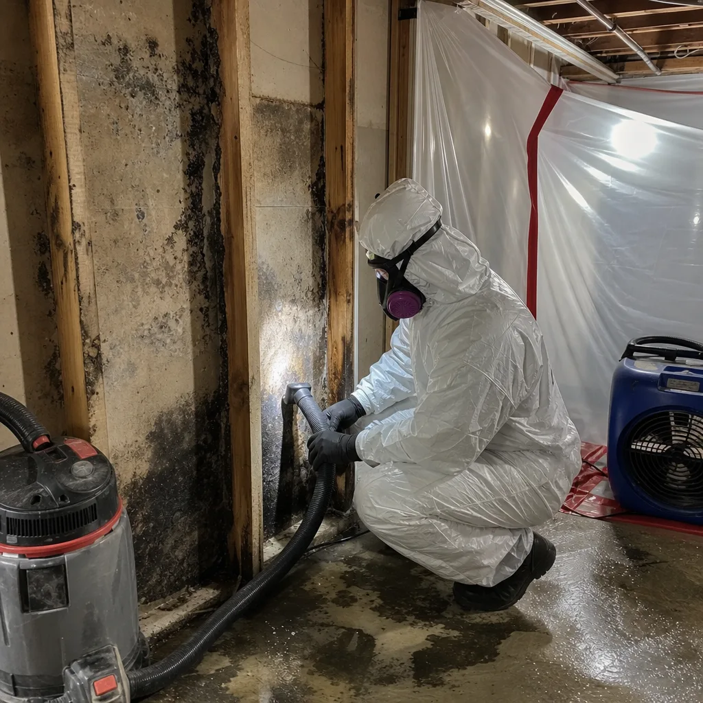 Technician in protective suit performing professional mold remediation on basement wall