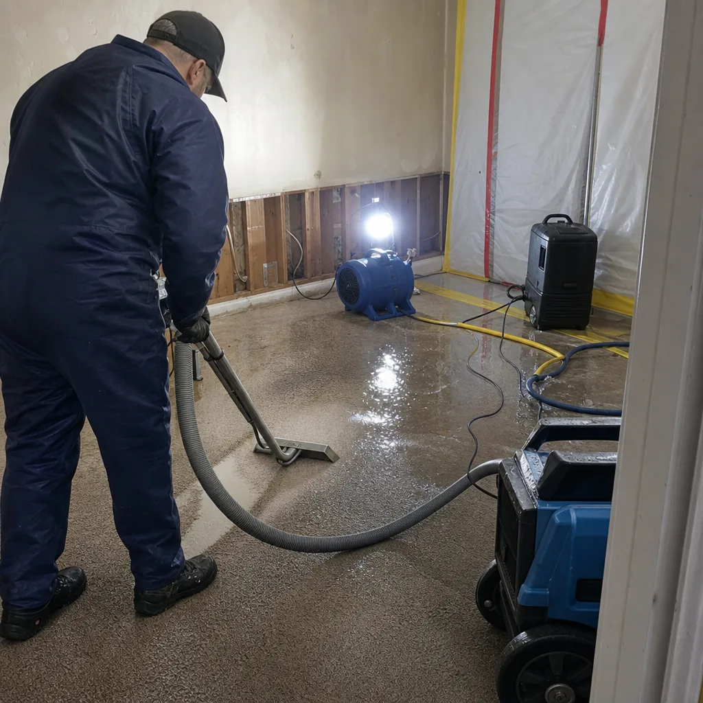 Technician performing professional water damage restoration on carpeted floor.