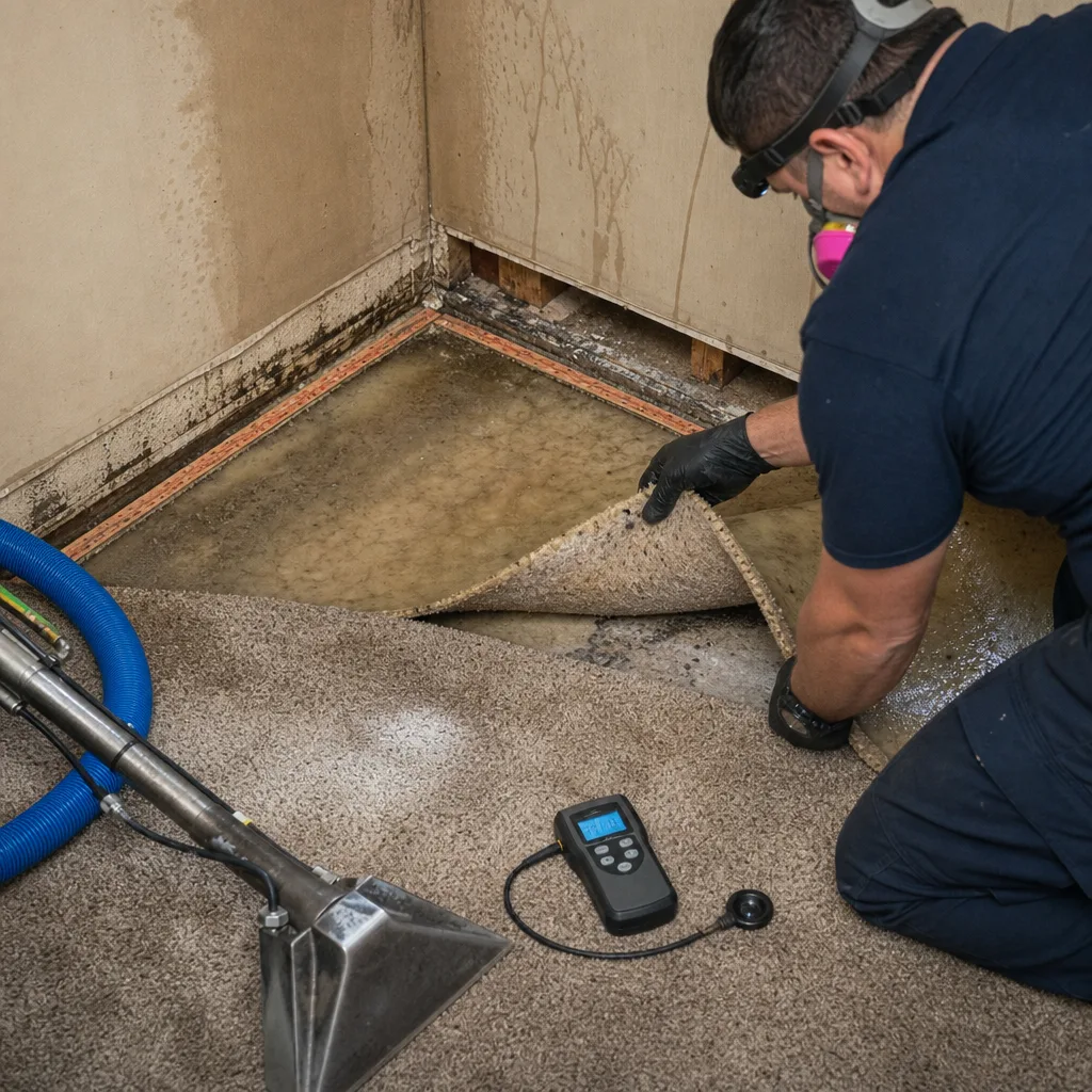 Water damage restoration professional inspecting wet flooring with moisture detection equipment