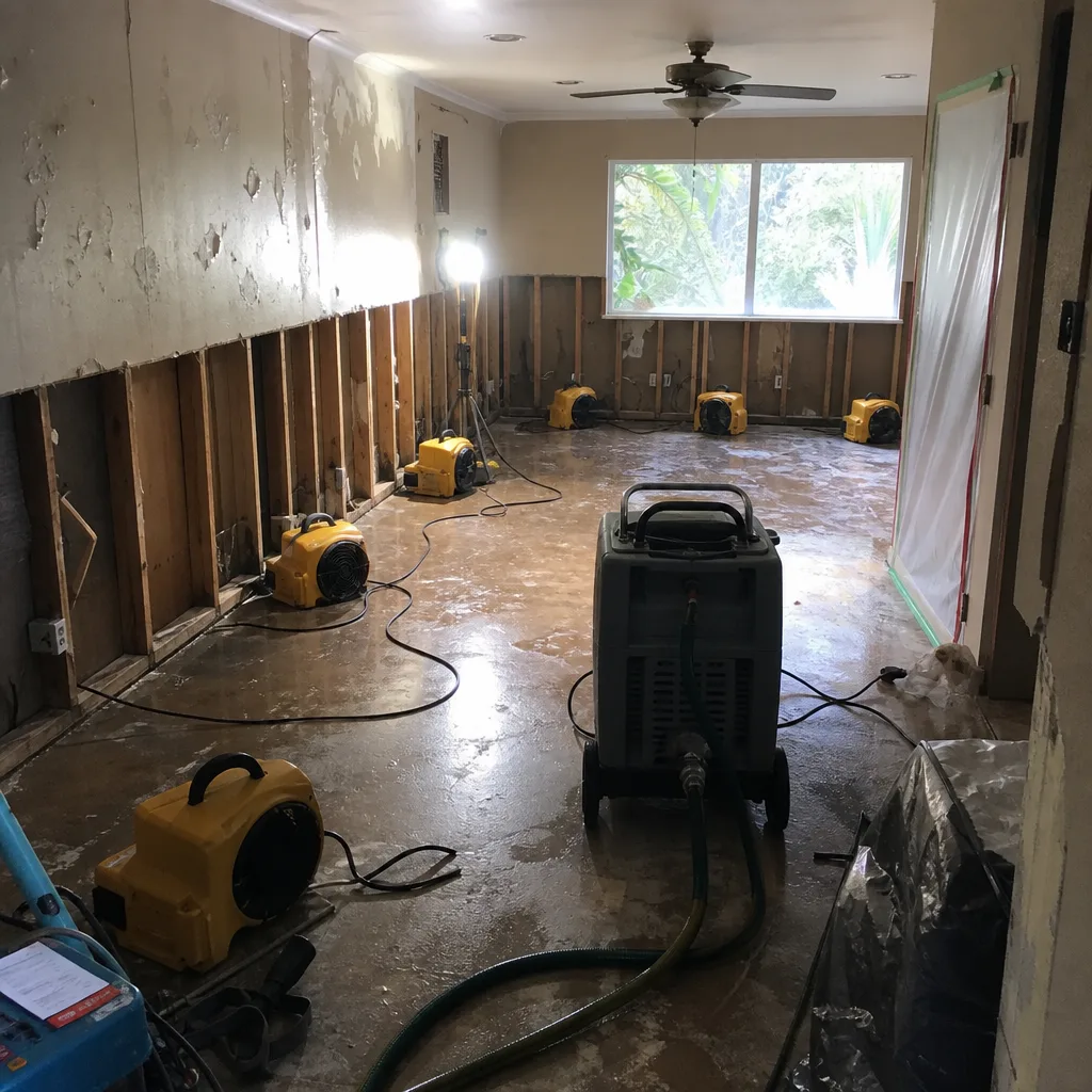 Water damage restoration equipment drying out a flooded home